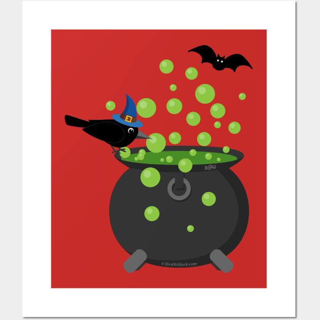 Halloween: Crow Looking into a Bubbling Cauldron Wall Art by BirdAtWork